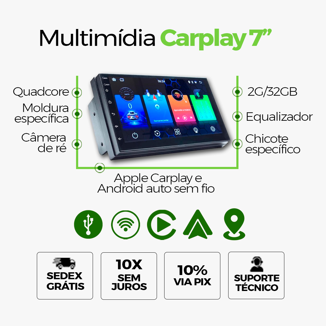 Central multimídia com Carplay nativo 7" para Clio