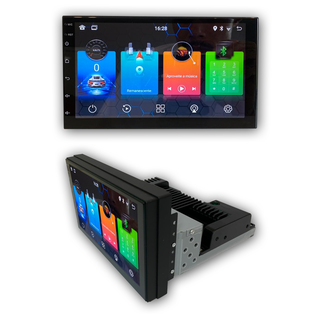 Multimídia de 7" com conexão Bluetooth, Android Auto e espelhamento, detalhamentos.