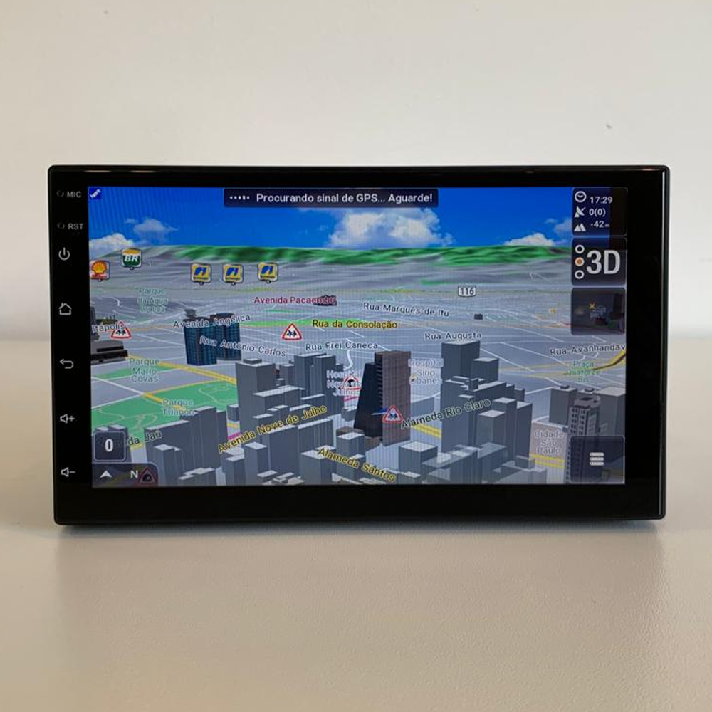 Central multimídia 1 DIN compatível com diversos modelos de carro, sistema GPS.