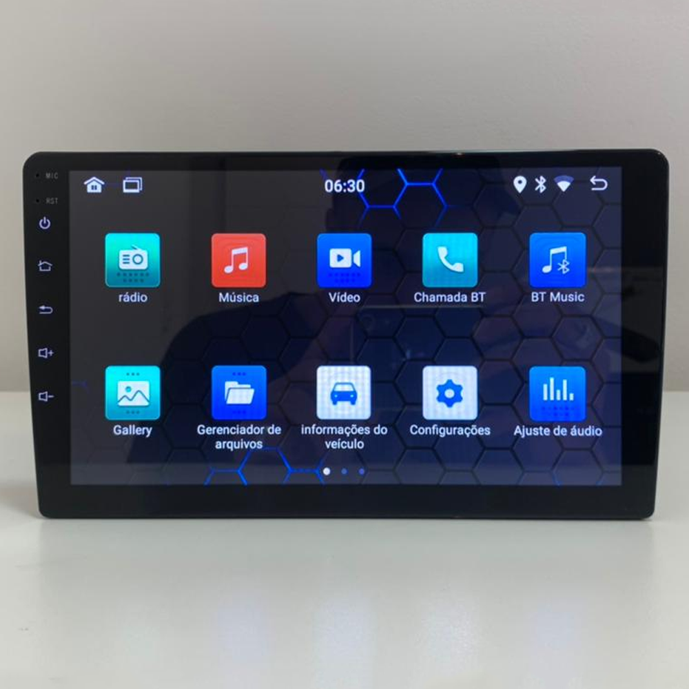 Central V2 1 DIN de 9” com sistema Android, GPS e Bluetooth.