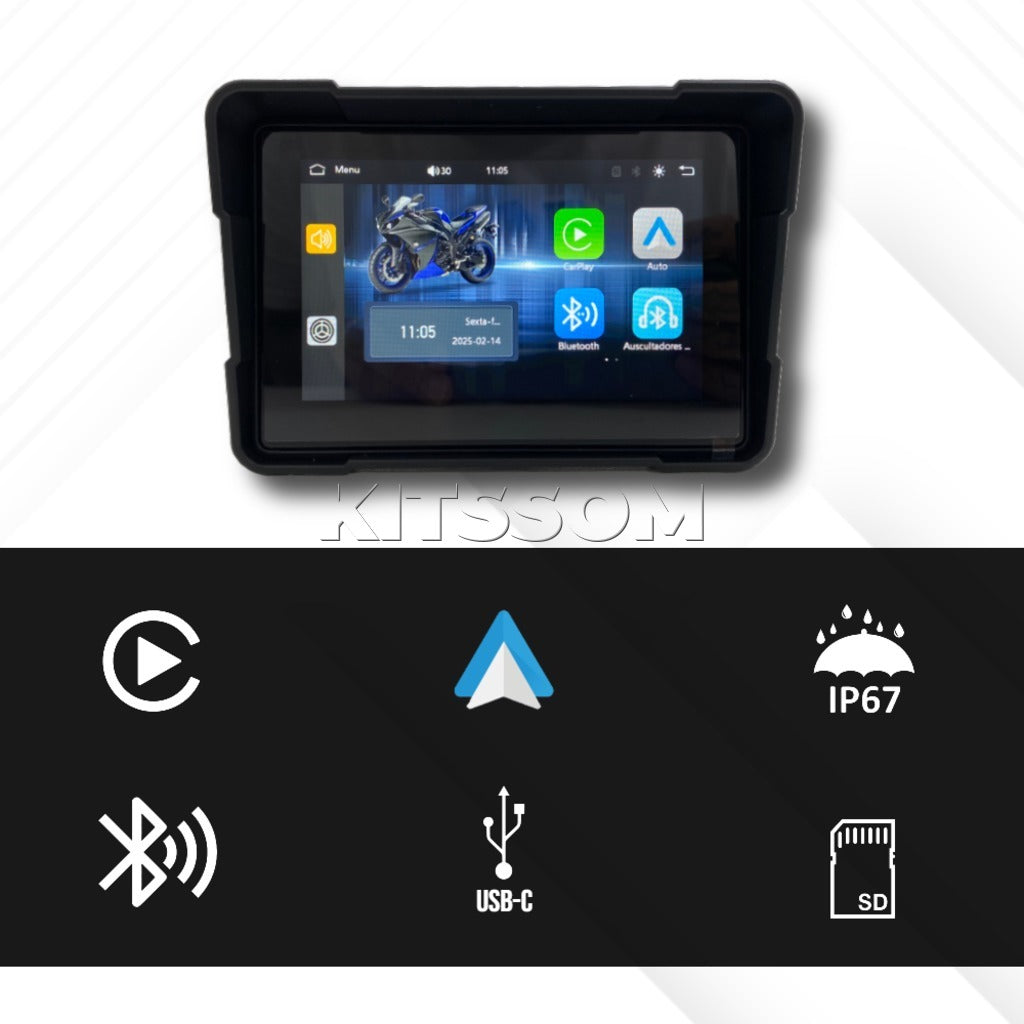 Monitor multimídia para moto com Carplay sem fio