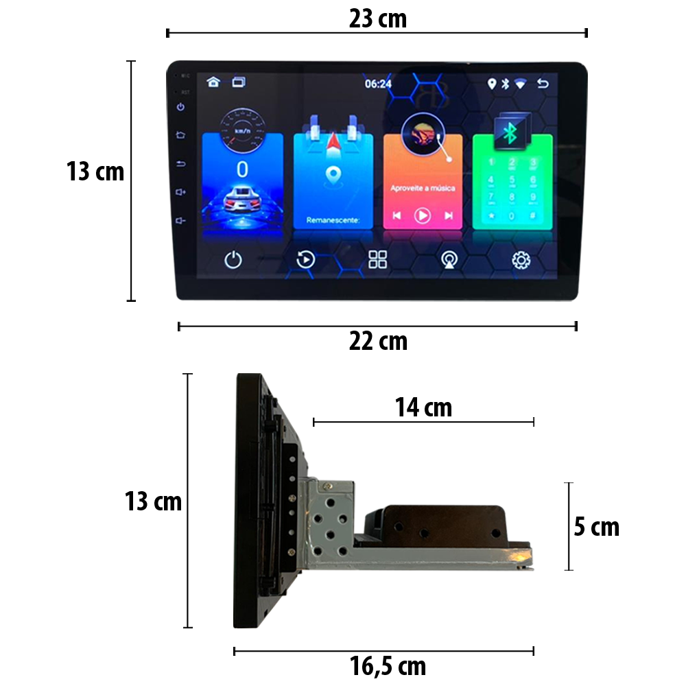 Central multimídia com tela flutuante de 9" – instalação universal, sua medidas.